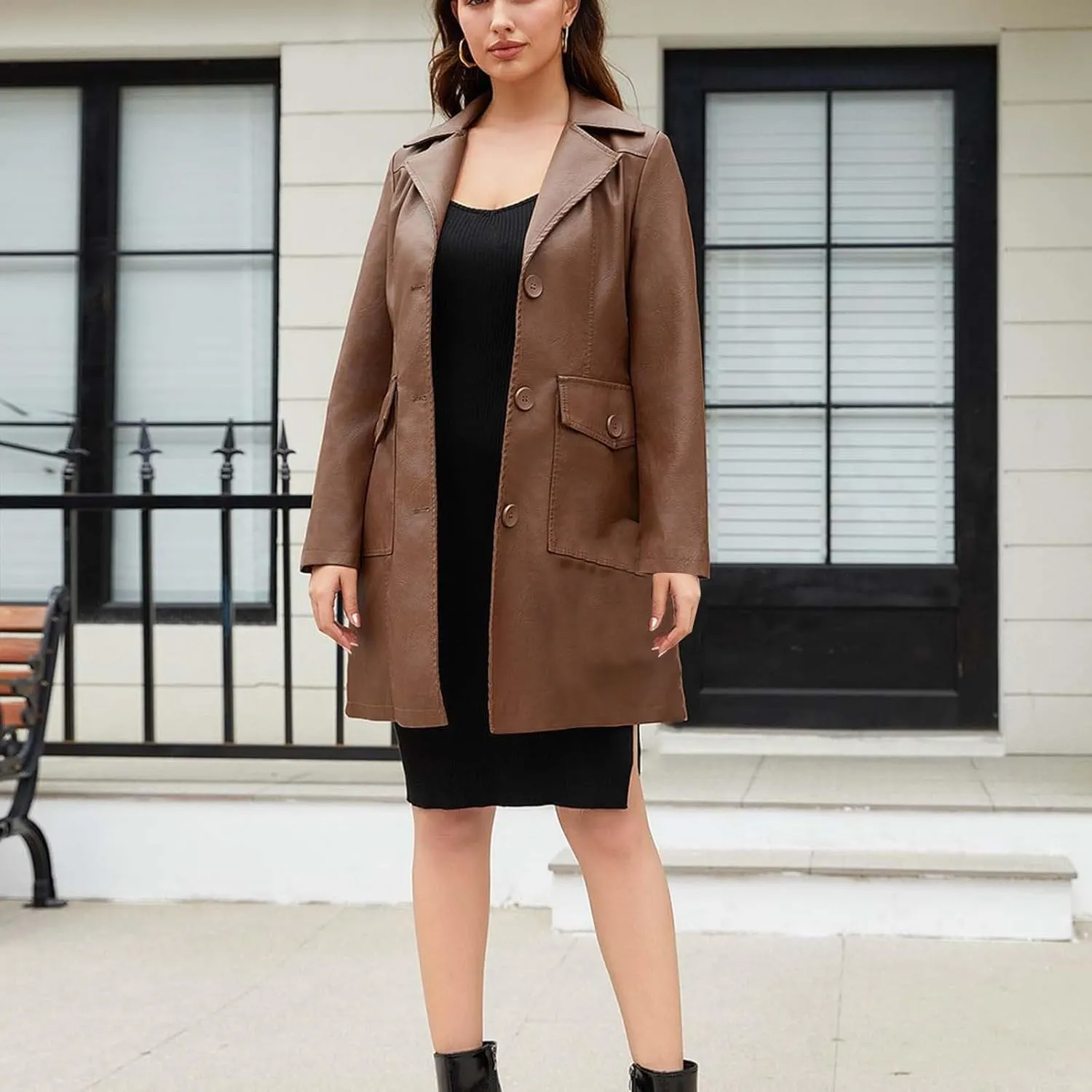 Women's Lapel Leather Jacket Fashion Solid Colour Long-sleeved -breasted Medium-Length Coat Fall Winter Warm