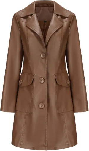 Women's Lapel Leather Jacket Fashion Solid Colour Long-sleeved -breasted Medium-Length Coat Fall Winter Warm