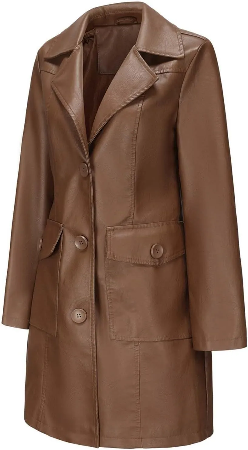 Women's Lapel Leather Jacket Fashion Solid Colour Long-sleeved -breasted Medium-Length Coat Fall Winter Warm