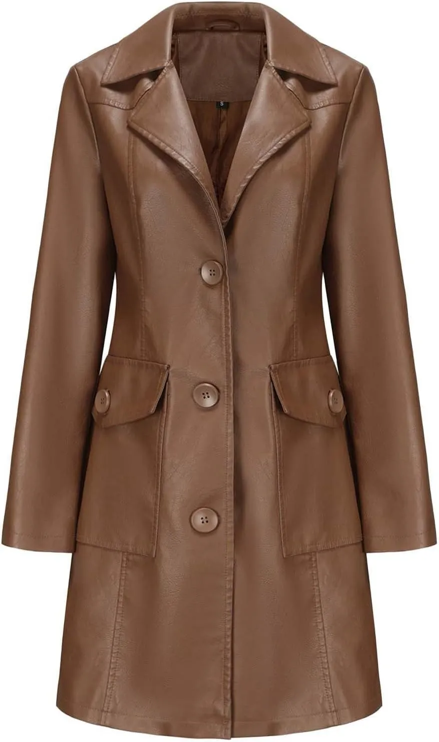 Women's Lapel Leather Jacket Fashion Solid Colour Long-sleeved -breasted Medium-Length Coat Fall Winter Warm