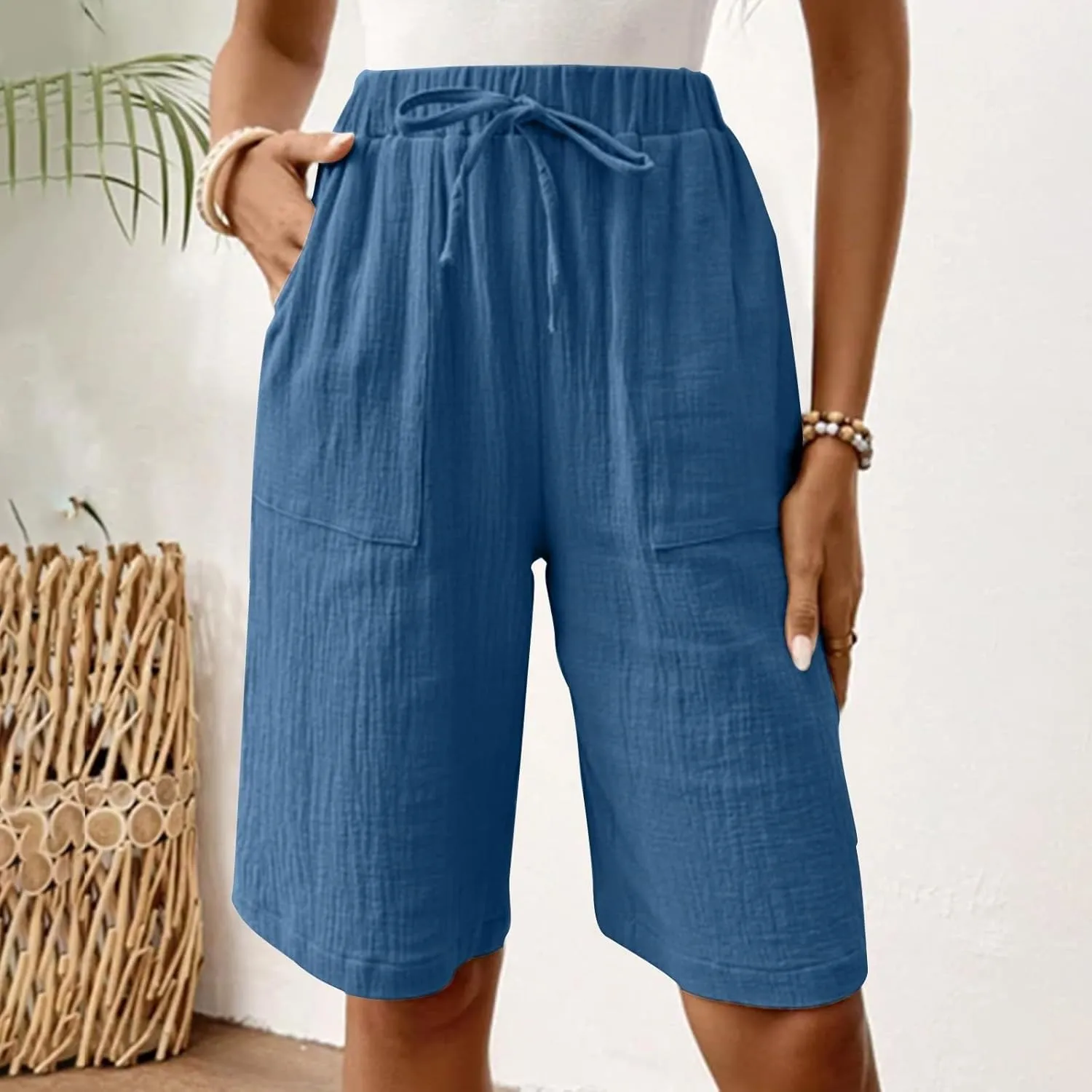 Women's Linen Shorts Elastic Waist Drawstring Bermuda Shorts for Women Knee Length Summer Casual Beach Clothes 2025
