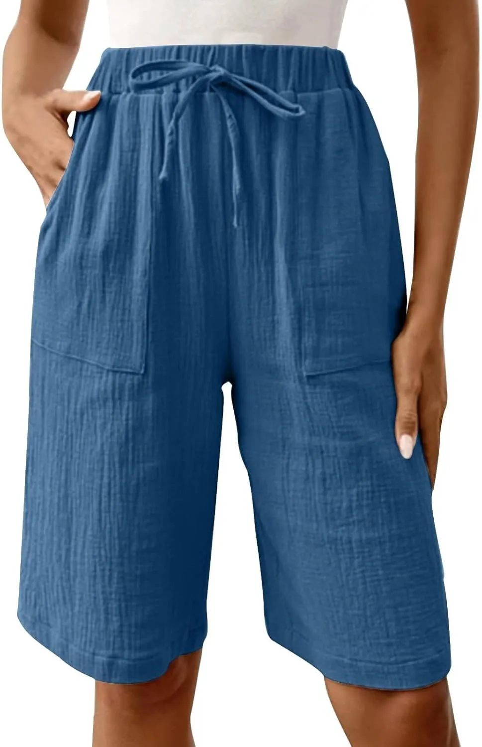 Women's Linen Shorts Elastic Waist Drawstring Bermuda Shorts for Women Knee Length Summer Casual Beach Clothes 2025