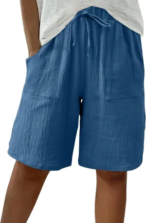 Women's Linen Shorts Elastic Waist Drawstring Bermuda Shorts for Women Knee Length Summer Casual Beach Clothes 2025