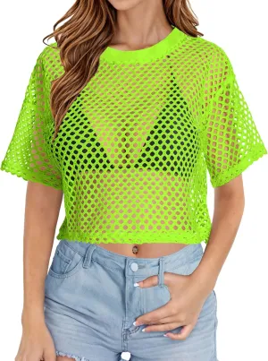 Women's Mesh Top Fishnet T Shirts Sheer Loose Short Sleeve See Through Crop Tops