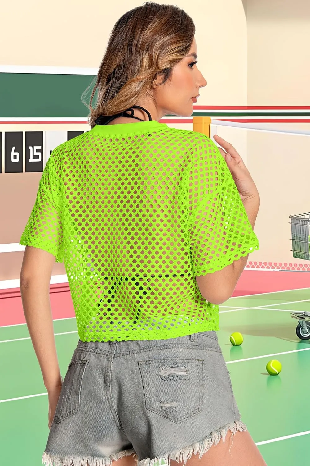 Women's Mesh Top Fishnet T Shirts Sheer Loose Short Sleeve See Through Crop Tops