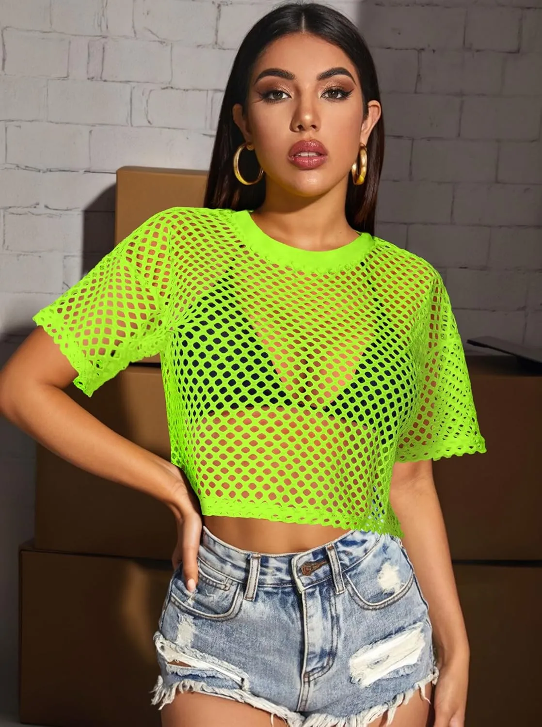 Women's Mesh Top Fishnet T Shirts Sheer Loose Short Sleeve See Through Crop Tops