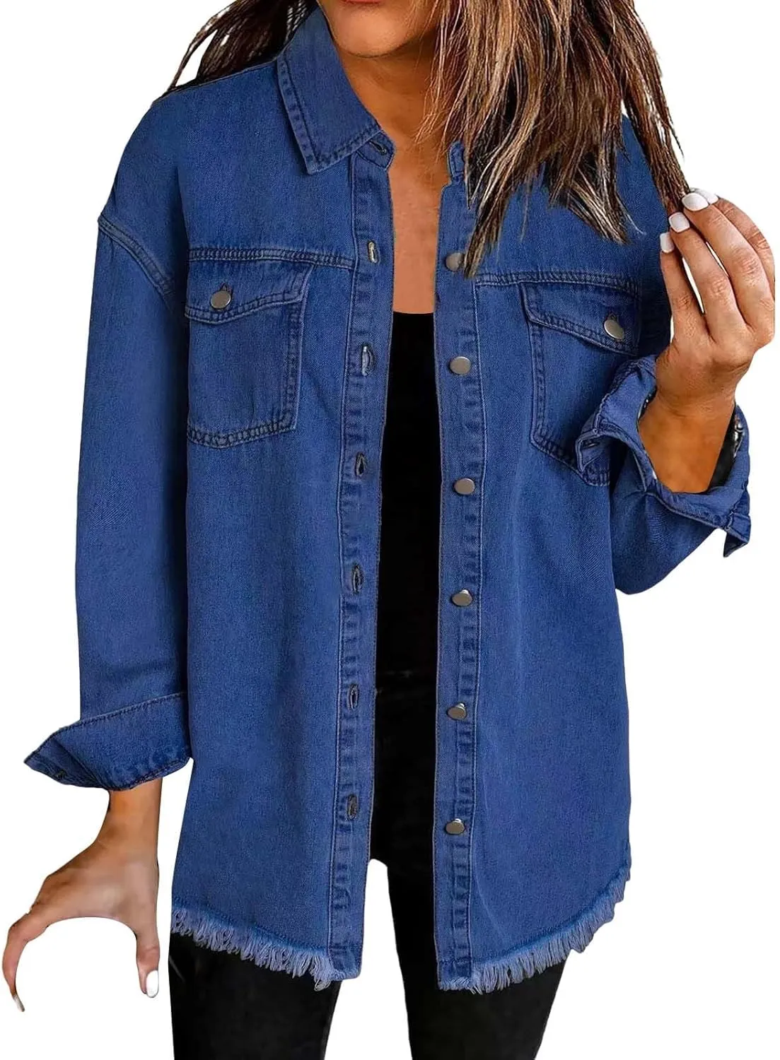 Womens Oversized Denim Jacket Lightweight Button Down Long Jean Jacket with Pockets Casual Distresse Jacket Coats