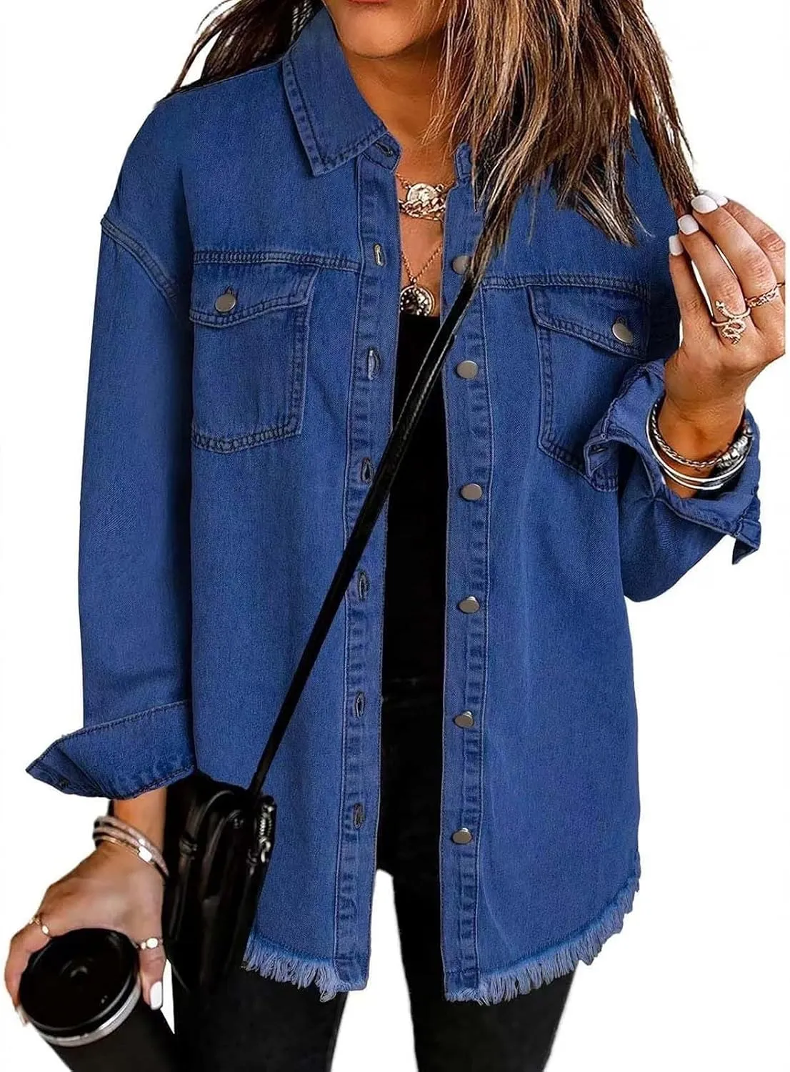 Womens Oversized Denim Jacket Lightweight Button Down Long Jean Jacket with Pockets Casual Distresse Jacket Coats