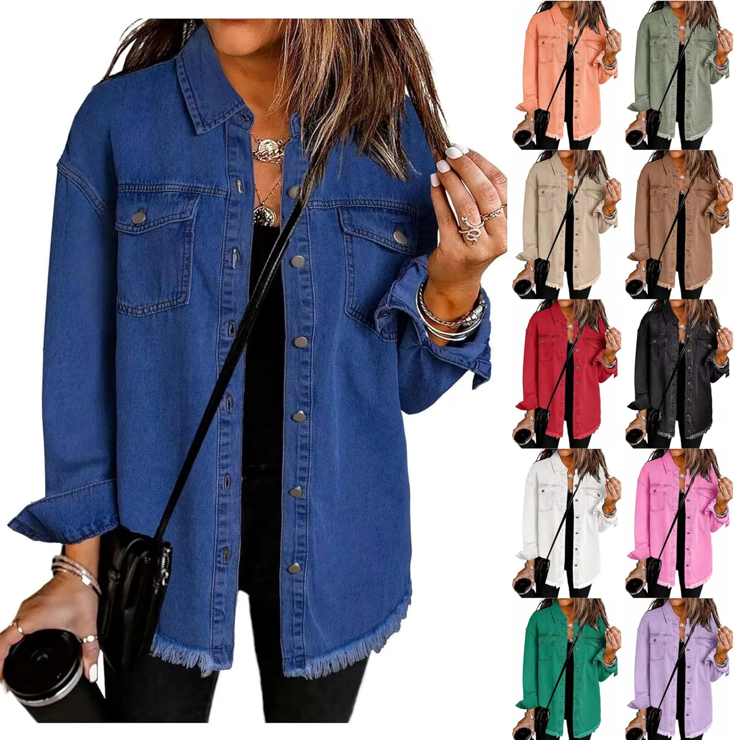 Womens Oversized Denim Jacket Lightweight Button Down Long Jean Jacket with Pockets Casual Distresse Jacket Coats