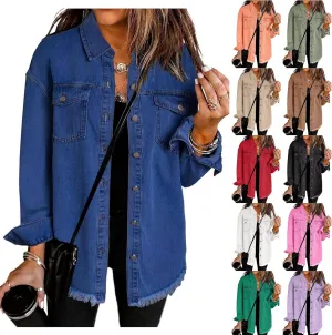 Womens Oversized Denim Jacket Lightweight Button Down Long Jean Jacket with Pockets Casual Distresse Jacket Coats