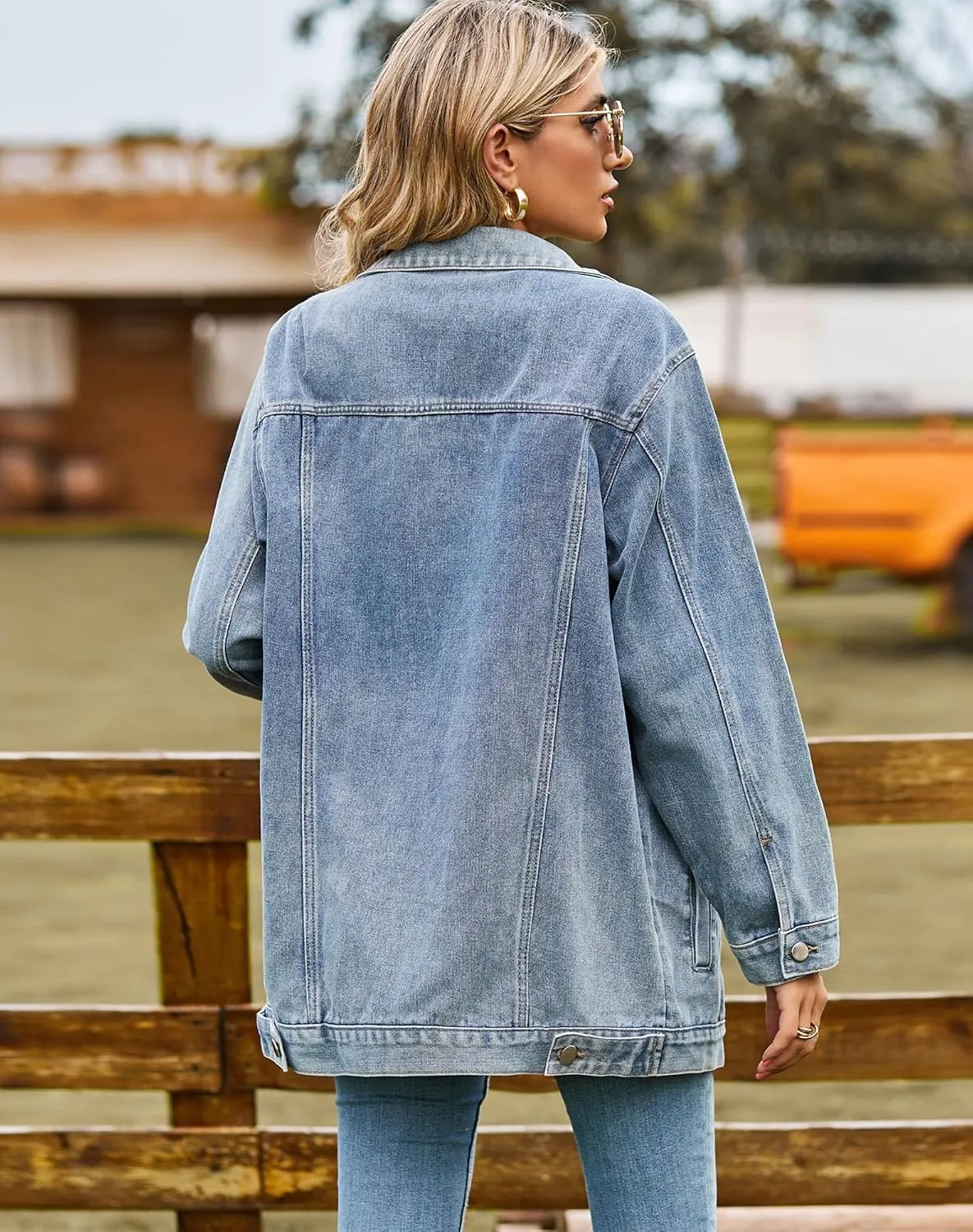 Women's Oversized Denim Jackets Long Sleeve Mid Length Jean Outwear with Inner Pocket