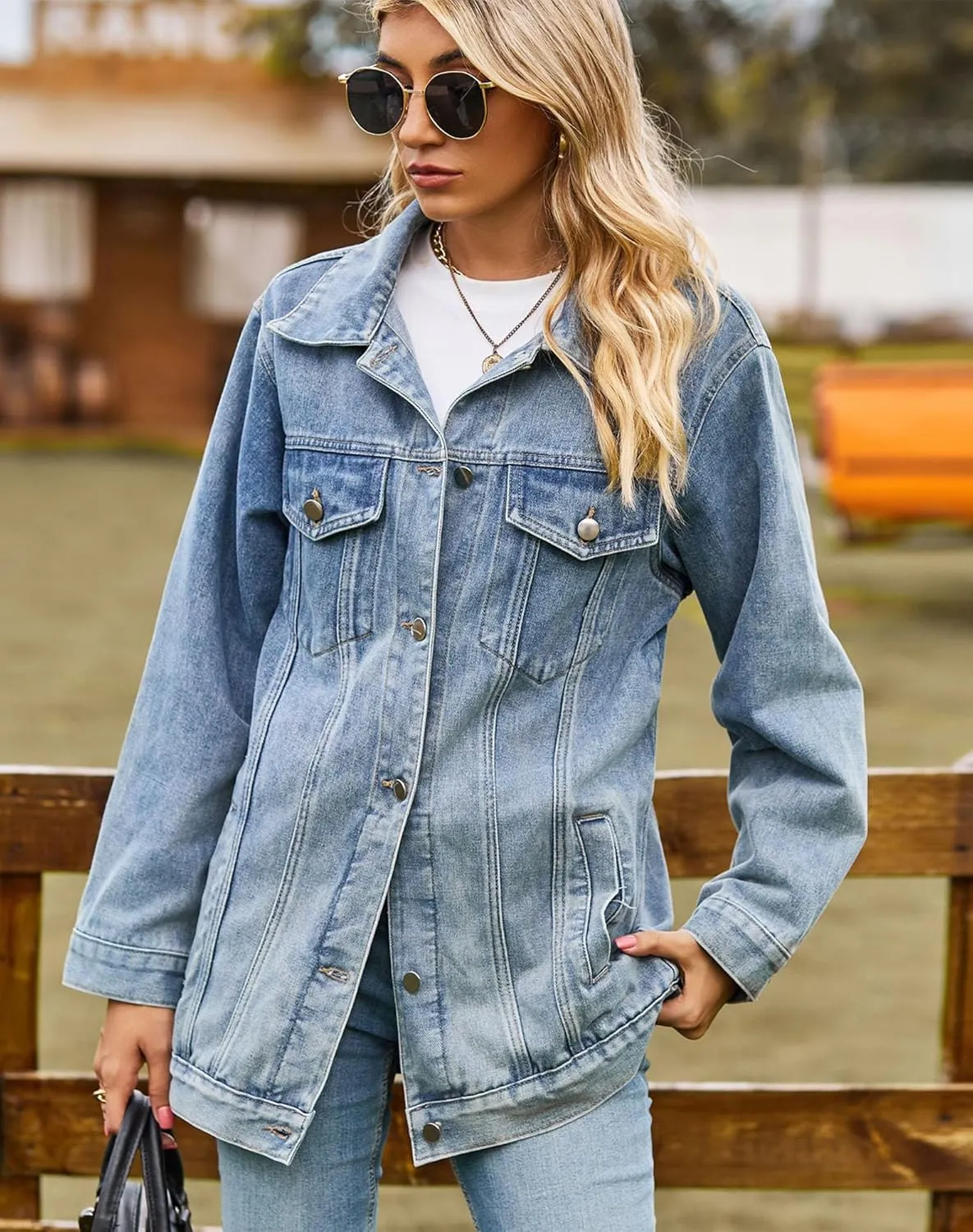 Women's Oversized Denim Jackets Long Sleeve Mid Length Jean Outwear with Inner Pocket