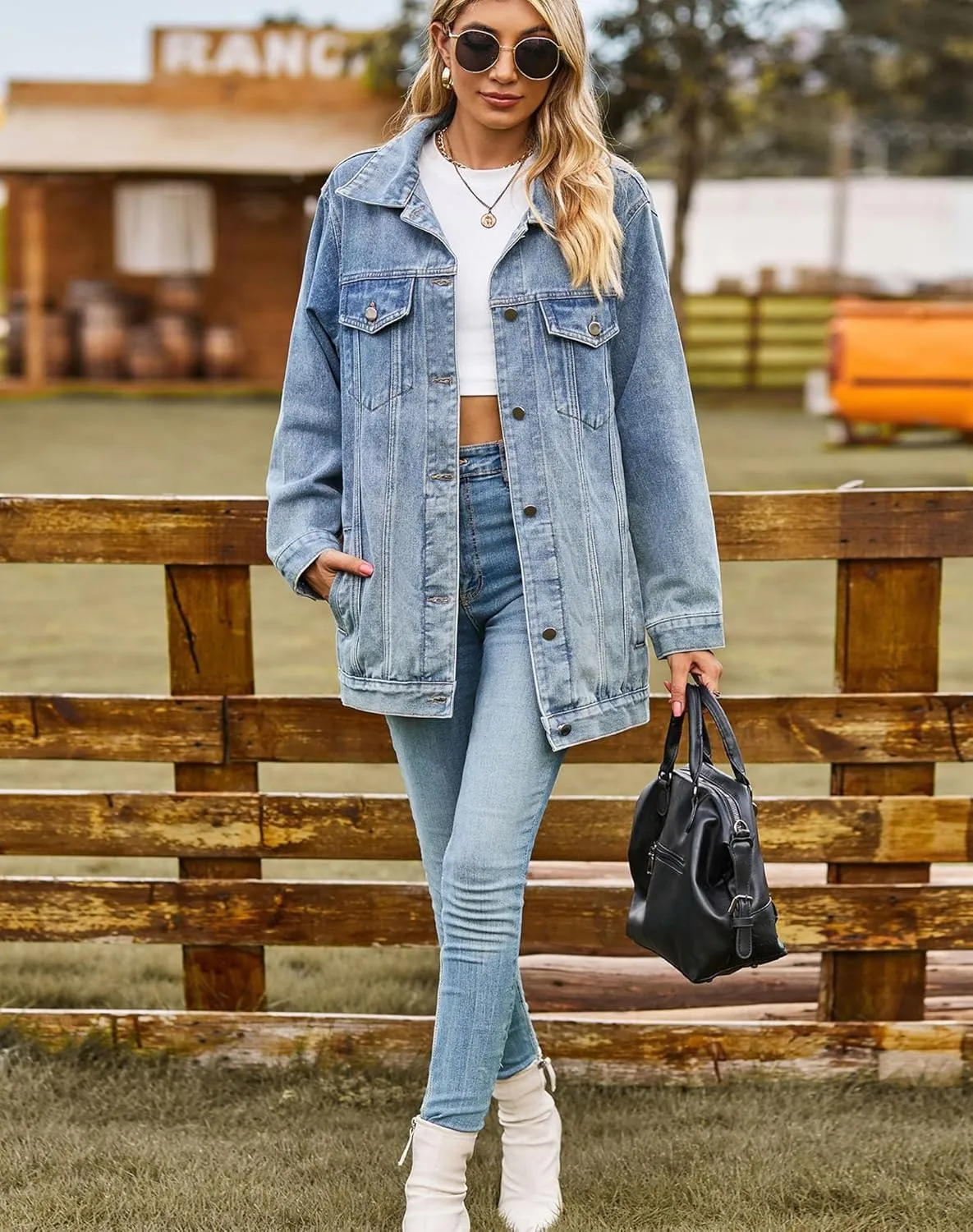 Women's Oversized Denim Jackets Long Sleeve Mid Length Jean Outwear with Inner Pocket