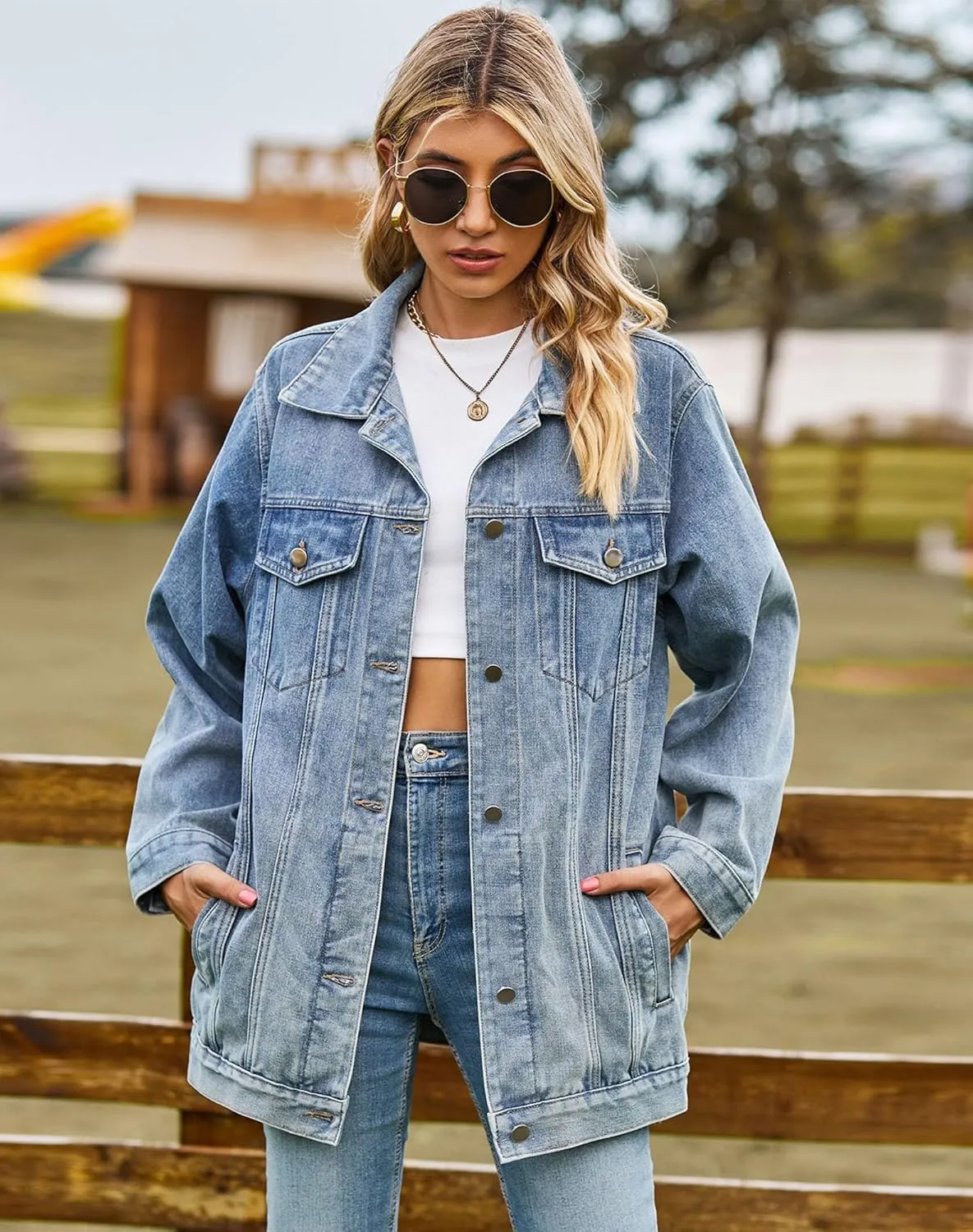 Women's Oversized Denim Jackets Long Sleeve Mid Length Jean Outwear with Inner Pocket