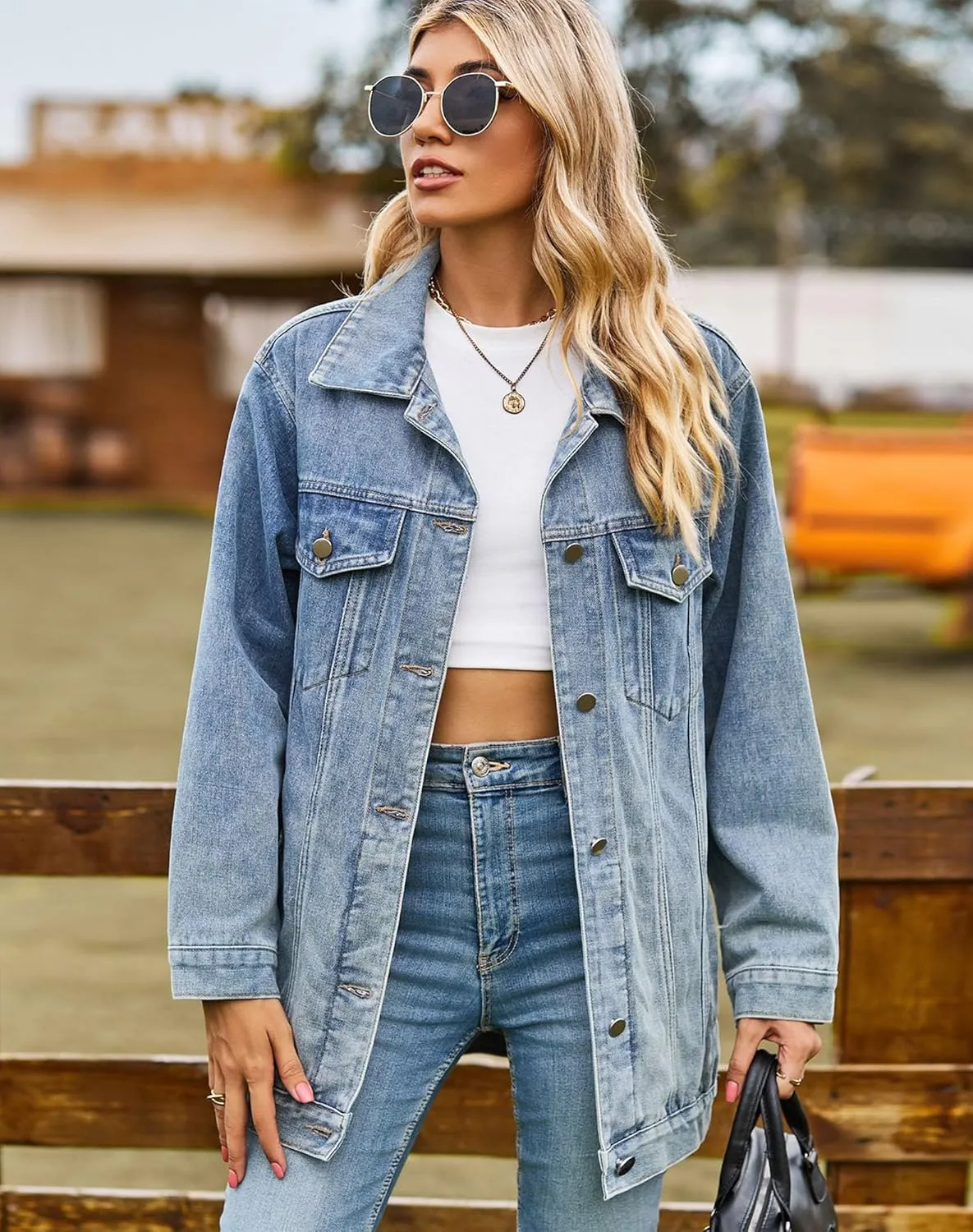 Women's Oversized Denim Jackets Long Sleeve Mid Length Jean Outwear with Inner Pocket