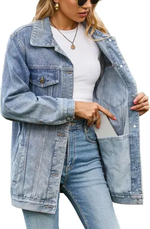 Women's Oversized Denim Jackets Long Sleeve Mid Length Jean Outwear with Inner Pocket