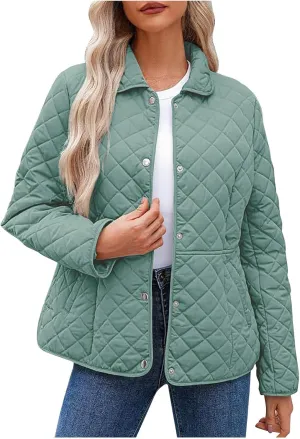 Women's Puffer Jacket Long Sleeve Button Down Lapel Quilted Coats Casual Lightweight Outwear Jacket With Pockets