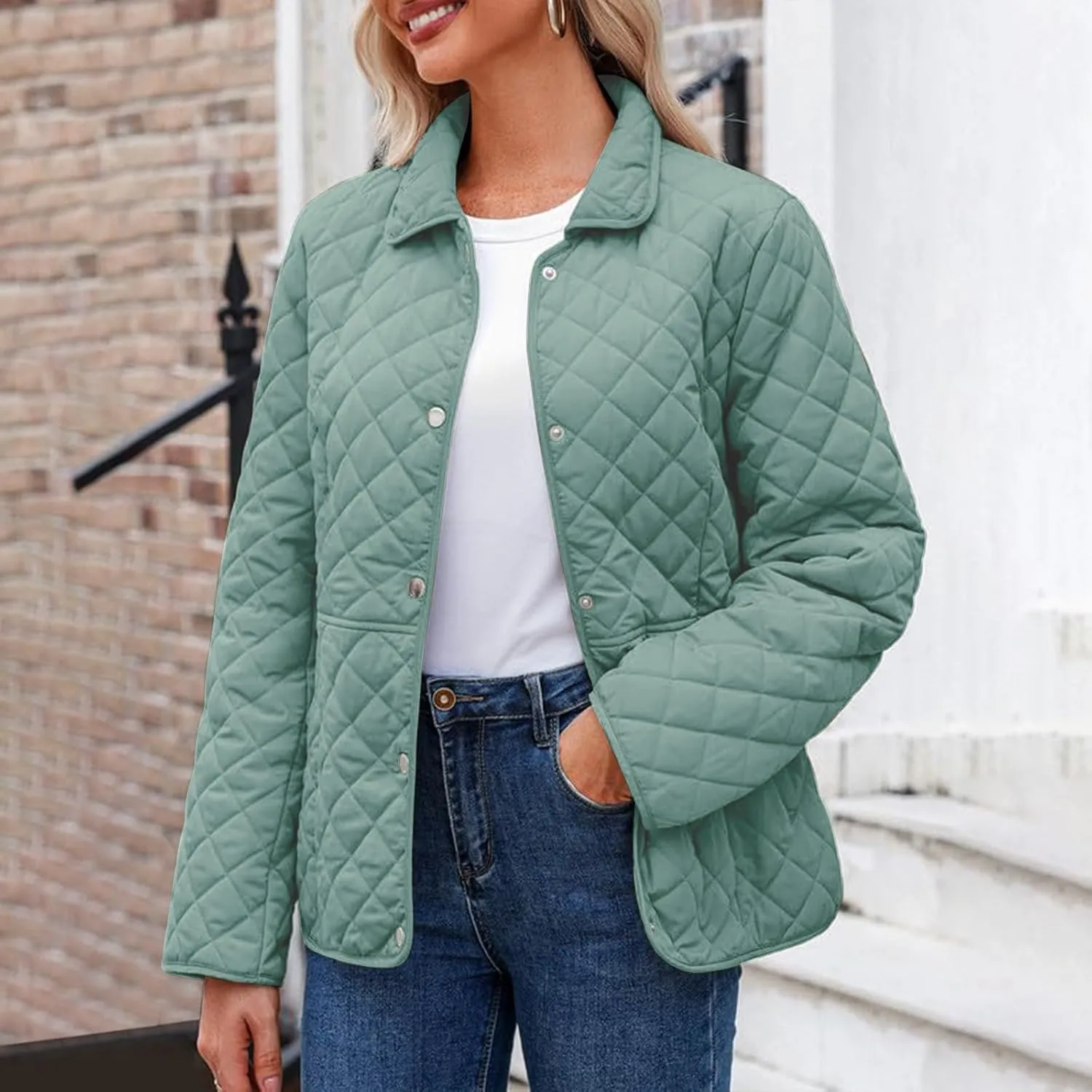 Women's Puffer Jacket Long Sleeve Button Down Lapel Quilted Coats Casual Lightweight Outwear Jacket With Pockets