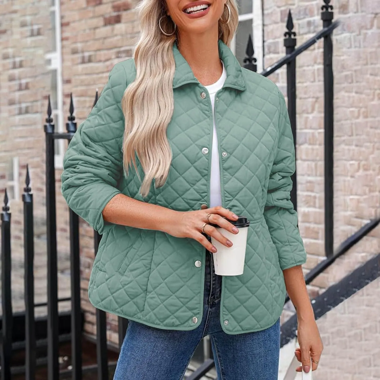 Women's Puffer Jacket Long Sleeve Button Down Lapel Quilted Coats Casual Lightweight Outwear Jacket With Pockets