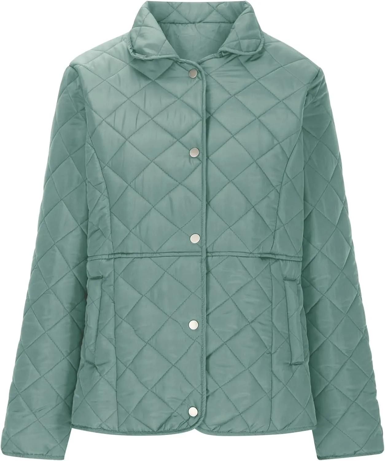 Women's Puffer Jacket Long Sleeve Button Down Lapel Quilted Coats Casual Lightweight Outwear Jacket With Pockets
