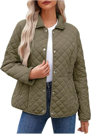 Women's Puffer Jacket Long Sleeve Button Down Lapel Quilted Coats Casual Lightweight Outwear Jacket With Pockets