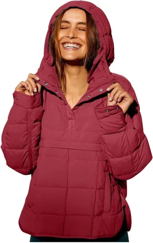 Womens Quilted Puffer Jacket Oversized Long Sleeve Hooded Coats Baggy Short Down Coats Winter Warm Lightweight Outwear
