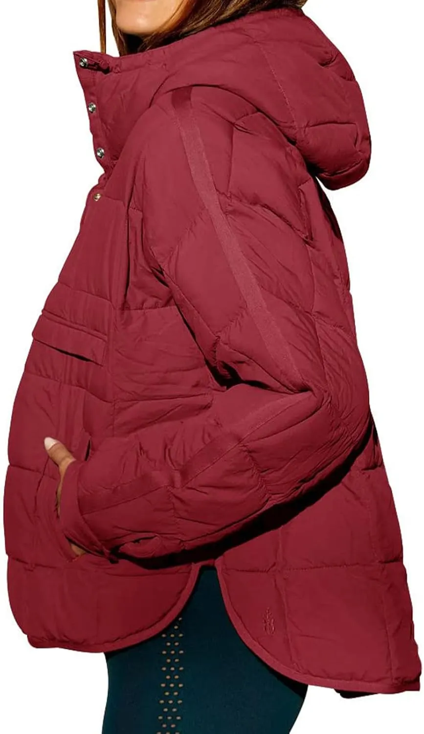 Womens Quilted Puffer Jacket Oversized Long Sleeve Hooded Coats Baggy Short Down Coats Winter Warm Lightweight Outwear