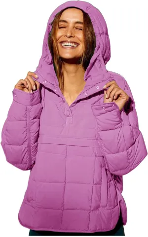Women's Quilted Pullover Puffer Jacket Packable Hooded Padded Oversized Hoodie Dolman Long Sleeve Warm Winter Coat