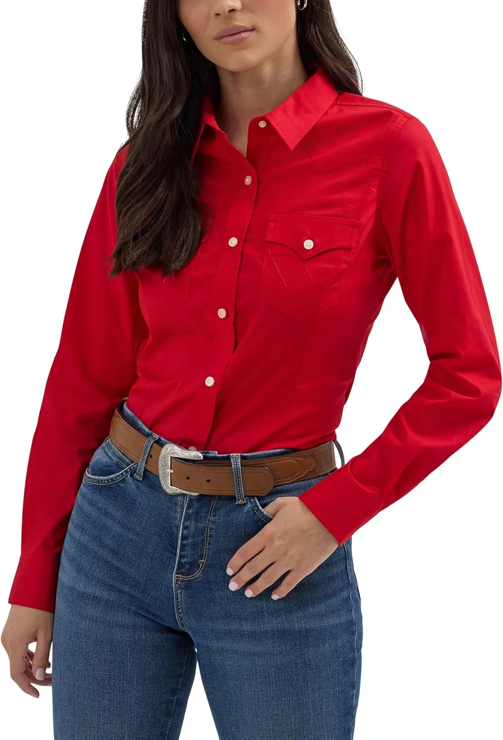 Women's Retro Long Sleeve Cool Blue Solid Western Shirt