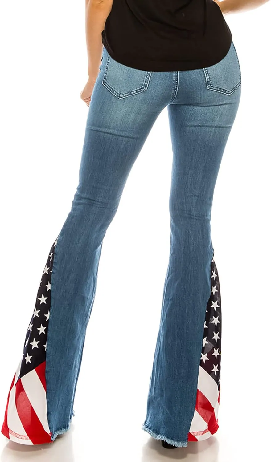 Women's Ripped American Flag Bell Bottom Jeans High Waisted Frayed Raw Hem Casual Slim Denim Pants