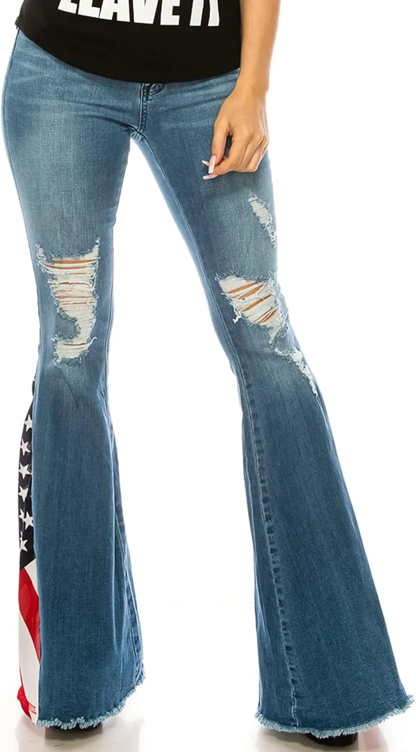 Women's Ripped American Flag Bell Bottom Jeans High Waisted Frayed Raw Hem Casual Slim Denim Pants