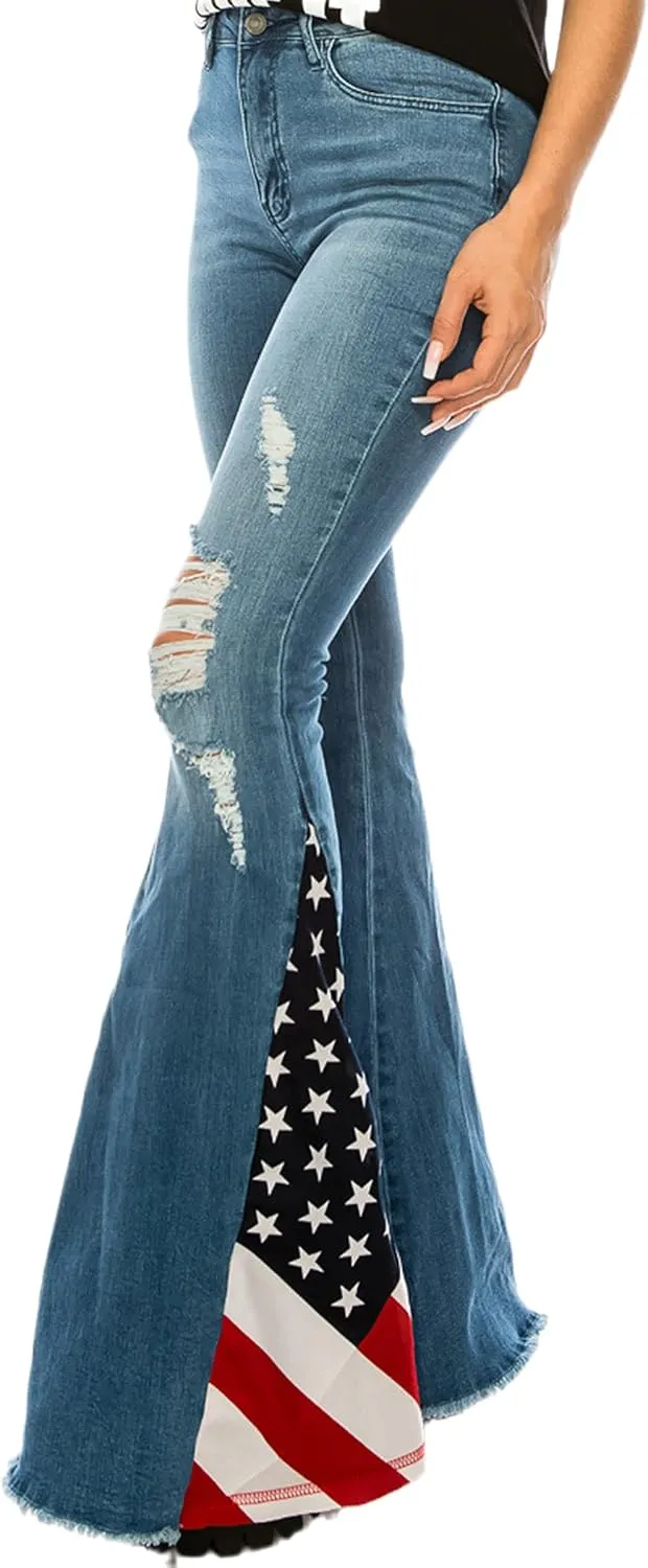 Women's Ripped American Flag Bell Bottom Jeans High Waisted Frayed Raw Hem Casual Slim Denim Pants