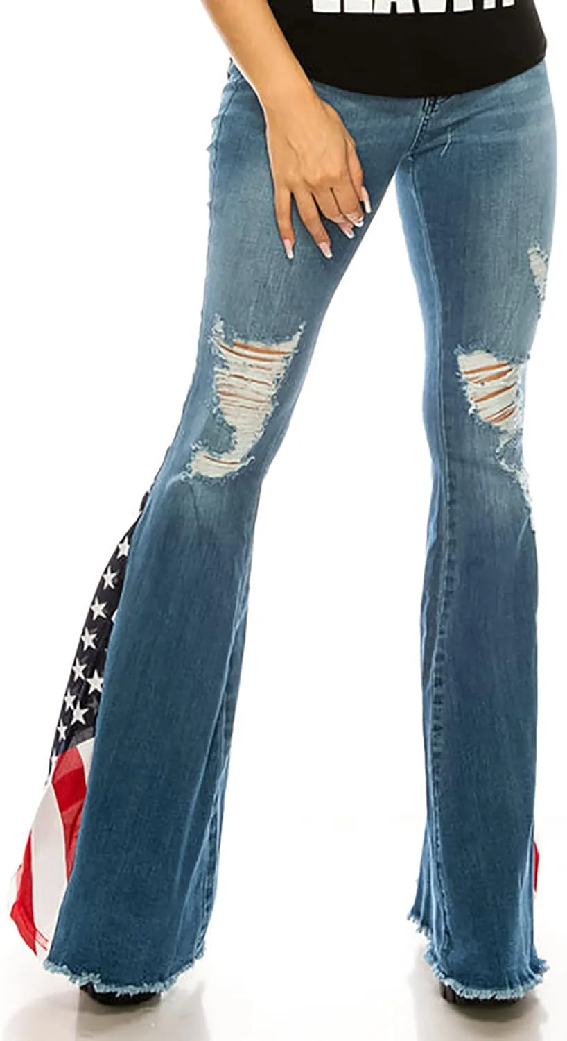 Women's Ripped American Flag Bell Bottom Jeans High Waisted Frayed Raw Hem Casual Slim Denim Pants