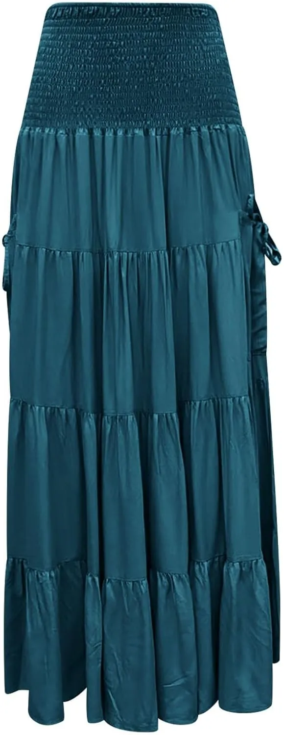 Women's Summer Boho Flowy Swing Tiered A-Line Midi Skirt 2025 Fashion Cotton Elastic Waist Pleated Long Beach Dress