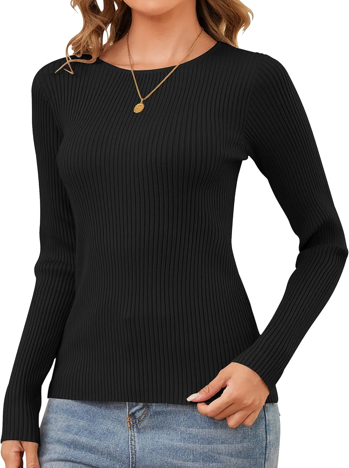 Womens Sweaters Pullover Long Sleeve Crewneck Shirts Ribbed Knit Sweater Slim Fitted Casual Jumper Tops