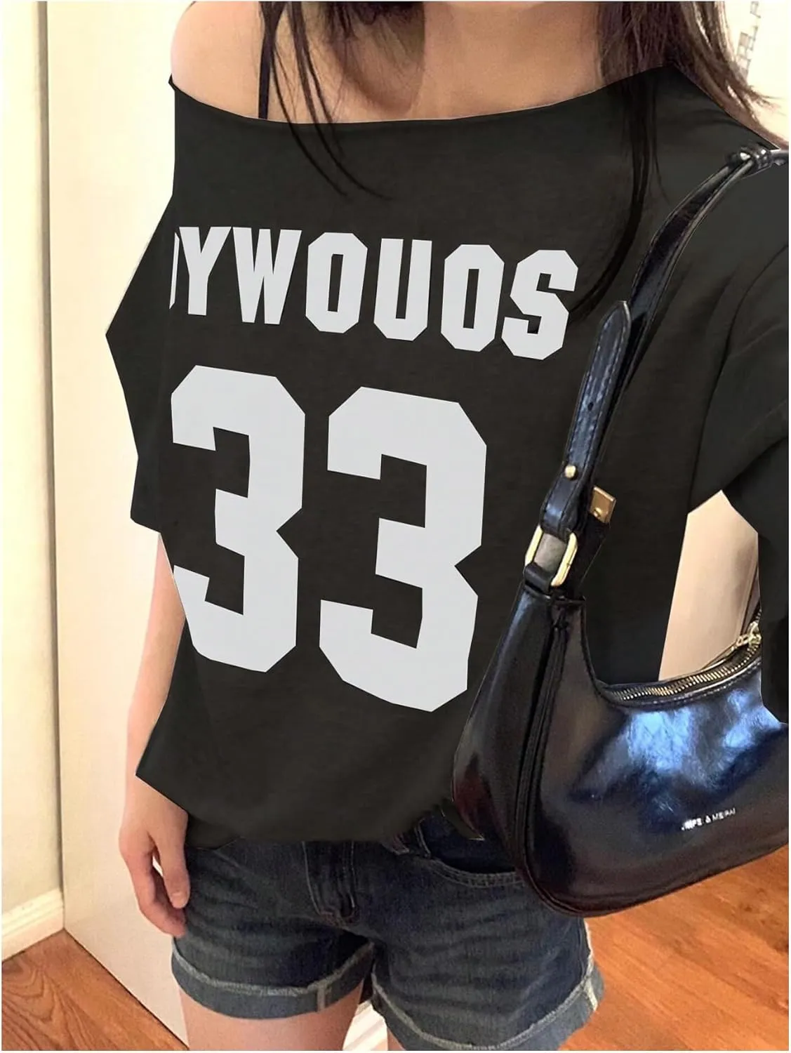 Women's Y2K Jersey Sweatshirt Letter Number Graphic One Shoulder Short Sleeve Oversized T Shirt