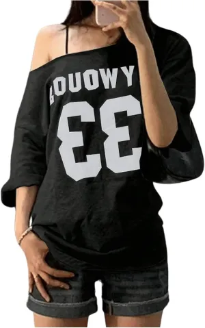 Women's Y2K Jersey Sweatshirt Letter Number Graphic One Shoulder Short Sleeve Oversized T Shirt