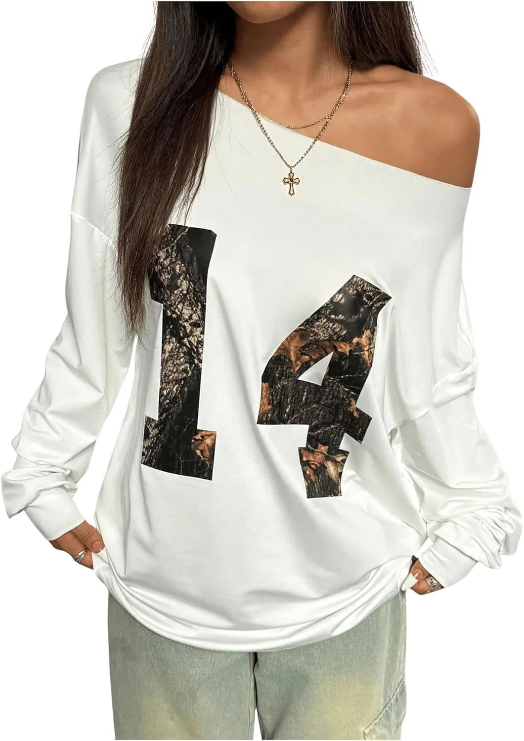 Women's Y2K Jersey Sweatshirt Number Print Off Shoulder Sweatshirt Long Sleeve Asymmetrical Shoulder Loose T Shirt