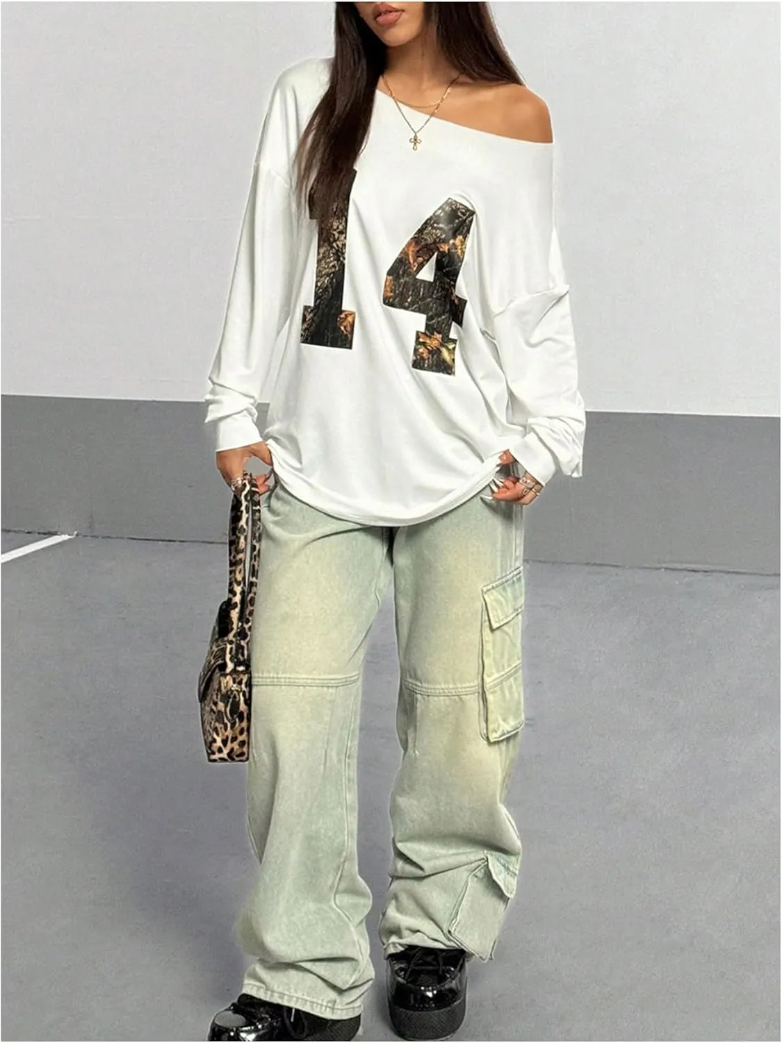 Women's Y2K Jersey Sweatshirt Number Print Off Shoulder Sweatshirt Long Sleeve Asymmetrical Shoulder Loose T Shirt