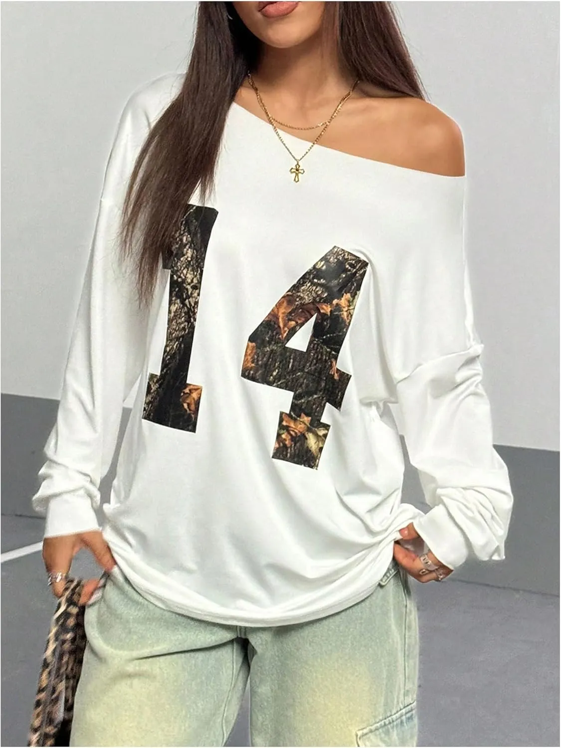 Women's Y2K Jersey Sweatshirt Number Print Off Shoulder Sweatshirt Long Sleeve Asymmetrical Shoulder Loose T Shirt
