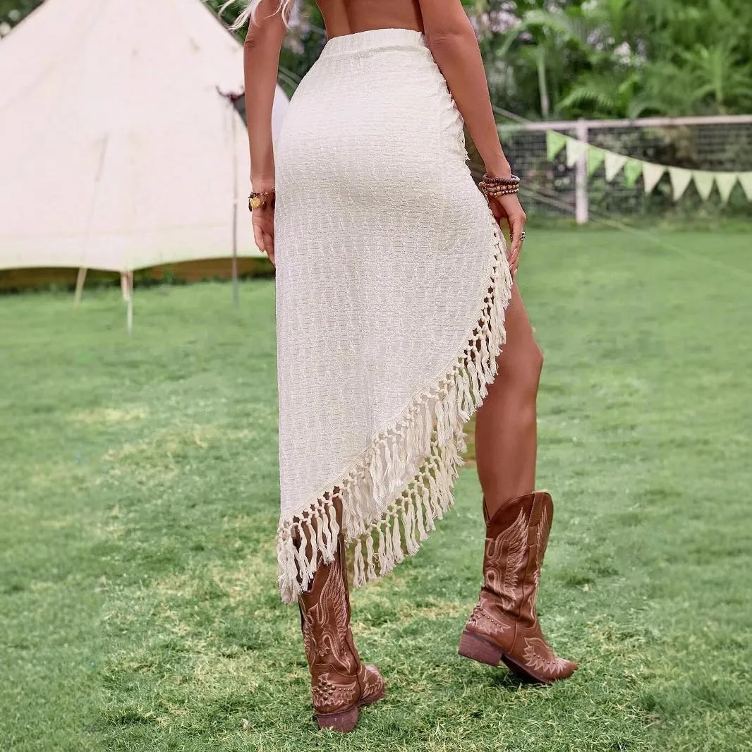 Wuitrie Skirts for Women Trendy Irregular Tassel Slit Midi Skirts Elegant Pleated Skirt Beach Vacation Travel Dress