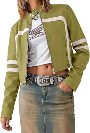 Wuitrie Womens Faux Leather Jacket Color Block Cropped Jacket Long Sleeve Zipper Motorcycle Jacket Vintage Coat Streetwear