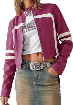 Wuitrie Womens Faux Leather Jacket Color Block Cropped Jacket Long Sleeve Zipper Motorcycle Jacket Vintage Coat Streetwear