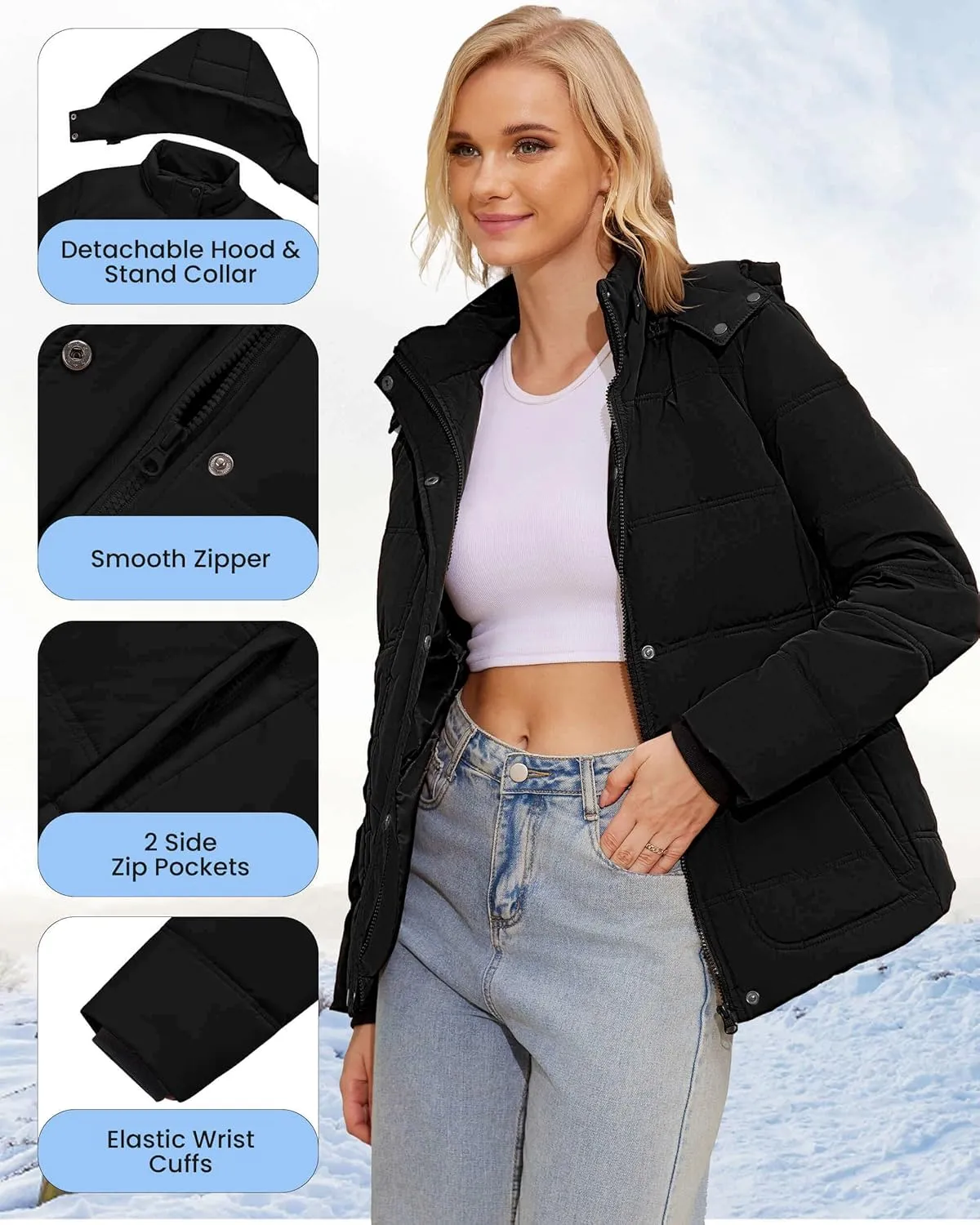 WULFUL Women's Winter Coats Lightweight Warm Thicken Puffer Jacket Waterproof Quilted Winter Jacket with Removable Hood