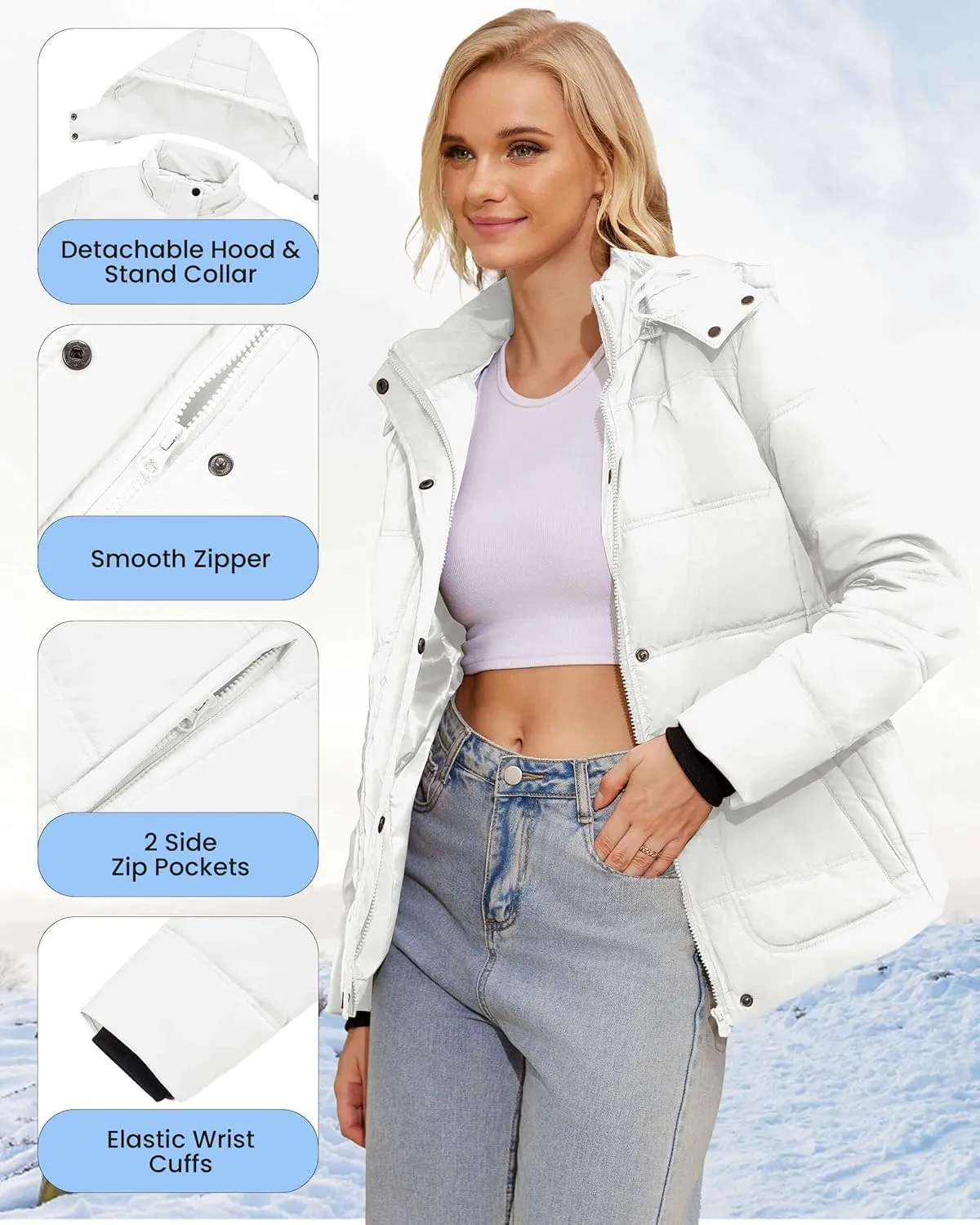 WULFUL Women's Winter Coats Lightweight Warm Thicken Puffer Jacket Waterproof Quilted Winter Jacket with Removable Hood