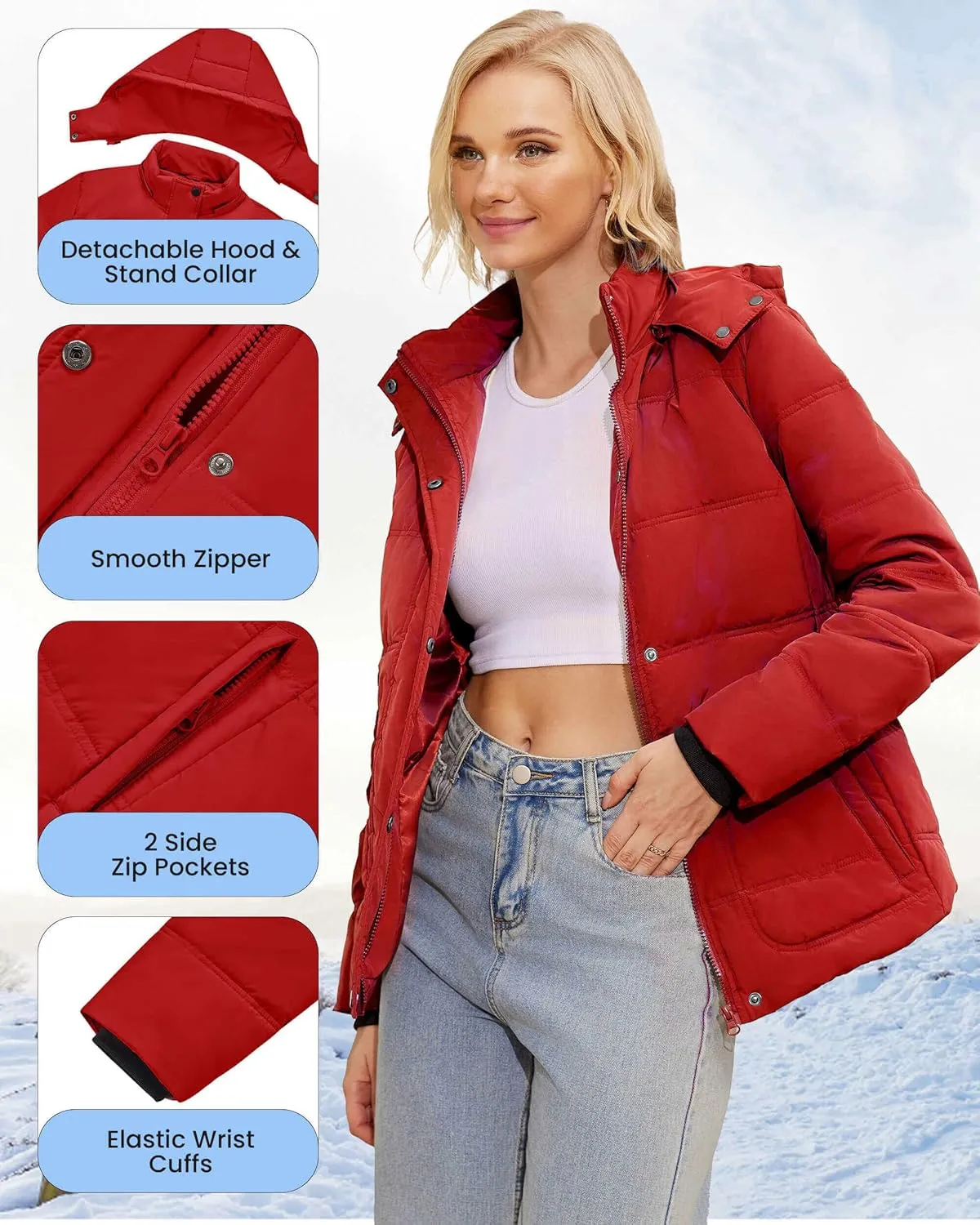 WULFUL Women's Winter Coats Lightweight Warm Thicken Puffer Jacket Waterproof Quilted Winter Jacket with Removable Hood