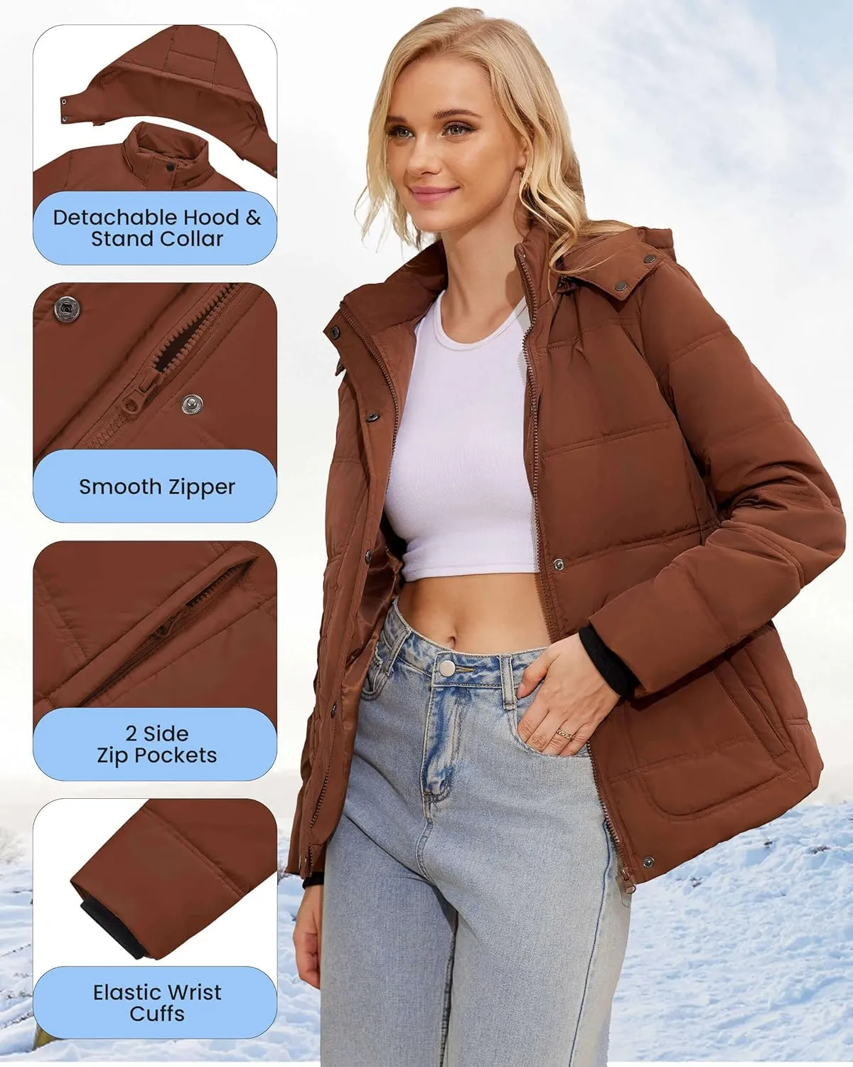 WULFUL Women's Winter Coats Lightweight Warm Thicken Puffer Jacket Waterproof Quilted Winter Jacket with Removable Hood