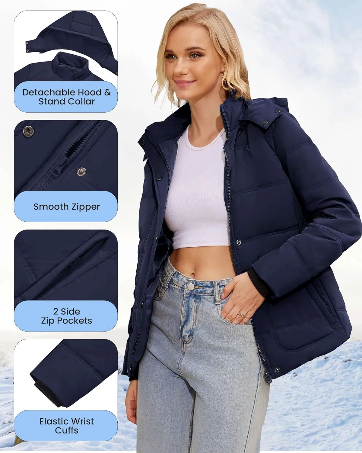 WULFUL Women's Winter Coats Lightweight Warm Thicken Puffer Jacket Waterproof Quilted Winter Jacket with Removable Hood