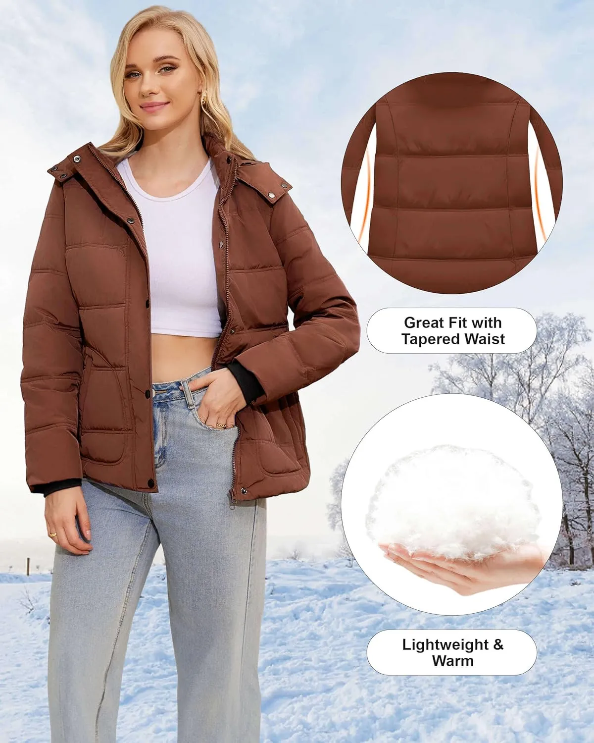 WULFUL Women's Winter Coats Lightweight Warm Thicken Puffer Jacket Waterproof Quilted Winter Jacket with Removable Hood