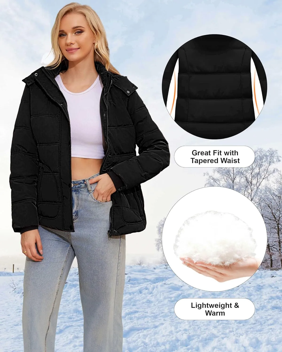 WULFUL Women's Winter Coats Lightweight Warm Thicken Puffer Jacket Waterproof Quilted Winter Jacket with Removable Hood